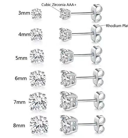 6 Pairs Stud Earrings Set, Hypoallergenic Cubic Zirconia AAA+ 316L Earrings Stainless Steel CZ Earrings 3-8mm, Gold,Rose Gold,Silver