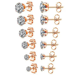 6 Pairs Stud Earrings Set, Hypoallergenic Cubic Zirconia AAA+ 316L Earrings Stainless Steel CZ Earrings 3-8mm, Gold,Rose Gold,Silver