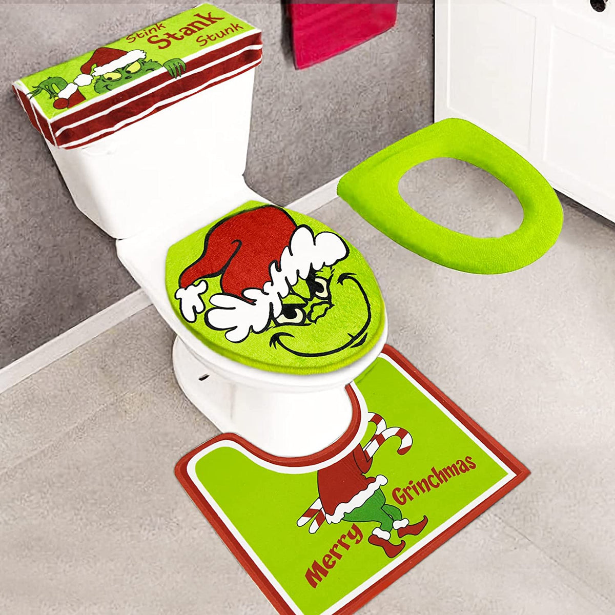 Christmas Decorations - Xmas Bathroom Sets -  Decor Toilet Seat Cover and Rug for Indoor Home Set of 4 (Red - Green)