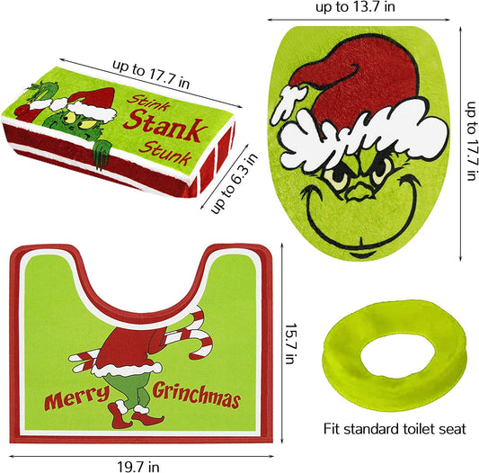 Christmas Decorations - Xmas Bathroom Sets -  Decor Toilet Seat Cover and Rug for Indoor Home Set of 4 (Red - Green)