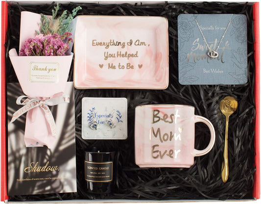 Gifts for Mom - Best Mother's Day Birthday Gift Set - Mom Gifts Set Includes Sterling Silver Necklace，Earrings, Pink Marble Jewelry Trays,Pink Marble Mug, Scented Candle and Flower