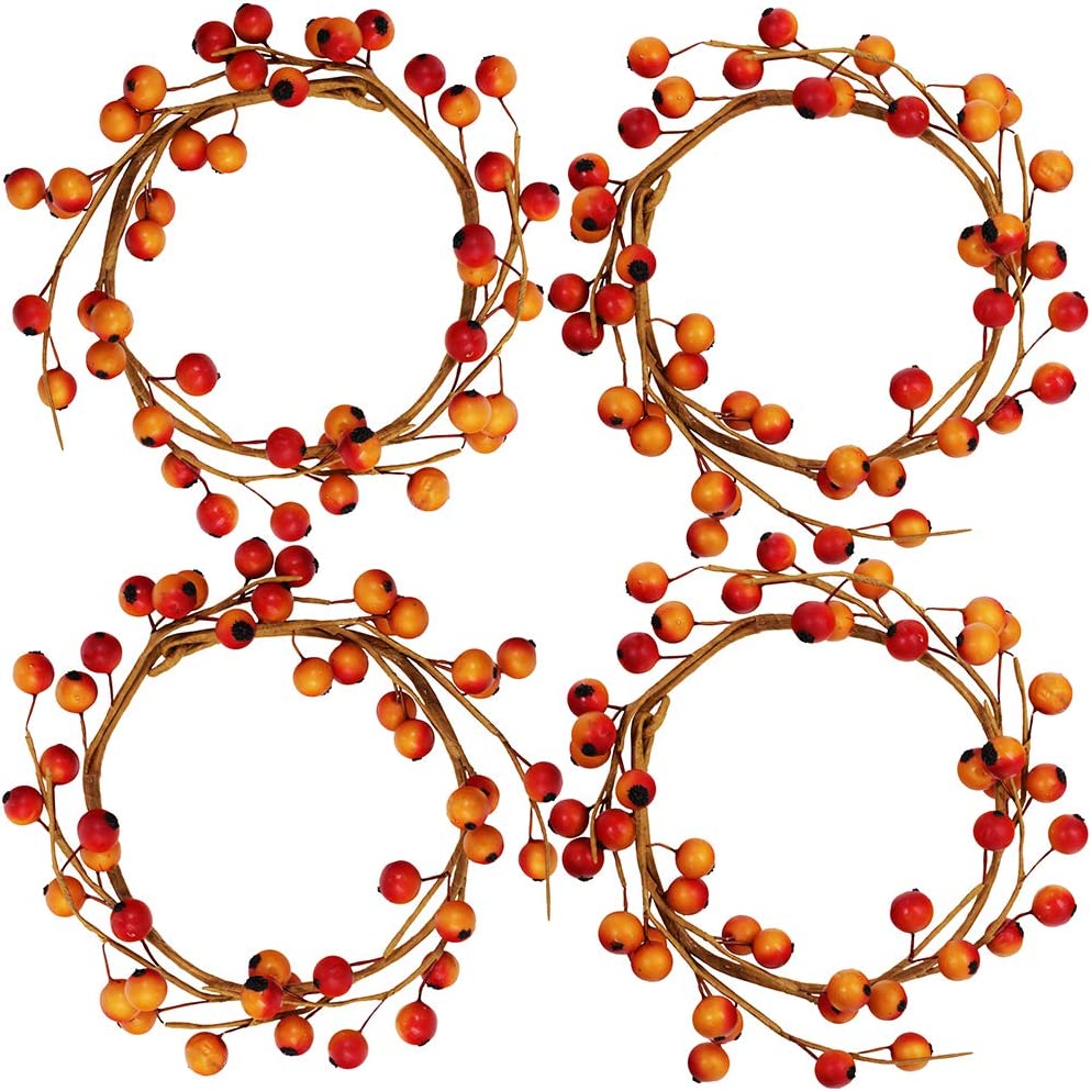 4 Pack Fall Candle Decor with Artificial Orange Berries Mini Berry Twig Wreath Candle Wreath Berry Thanksgiving Fall Wedding Rustic Seasonal Decoration