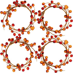 4 Pack Fall Candle Decor with Artificial Orange Berries Mini Berry Twig Wreath Candle Wreath Berry Thanksgiving Fall Wedding Rustic Seasonal Decoration