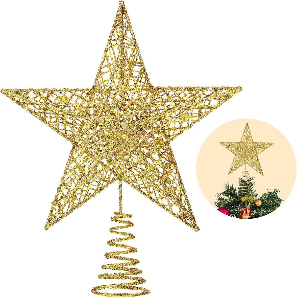 Christmas Star Tree Topper Gold Glittered 5 Point Star Treetop