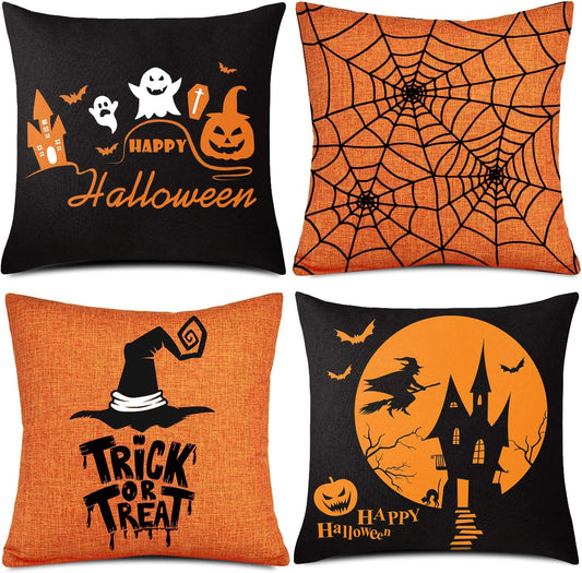 Halloween Pillow Case Large Orange and Black Pillow Cover Happy Halloween Linen Sofa Bed Throw Cushion Cover 4pcs