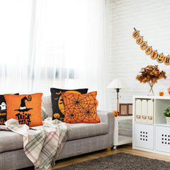 Halloween Pillow Case Large Orange and Black Pillow Cover Happy Halloween Linen Sofa Bed Throw Cushion Cover 4pcs