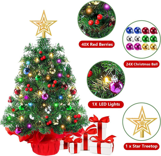 24 Inch Tabletop Christmas Tree, Mini Artificial Christmas Tree with 30 LED String Lights & Ornament, Christmas Decorations for Home and Office