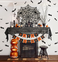 Halloween Decorations Indoor Set, Halloween Decor Bundle for Home, Party, Kitchen Spider Web Table Runners & Halloween Banner & Mantel Scarf & 36 PCS 3D Bat Sticker