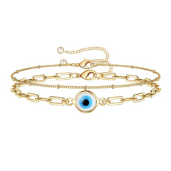 Bracelets for Women, 14K Gold Filled Adjustable Layered Bracelet Cute Evil Eye Oval Chain Beads Chain Three Layered Chain for Women Jewelry