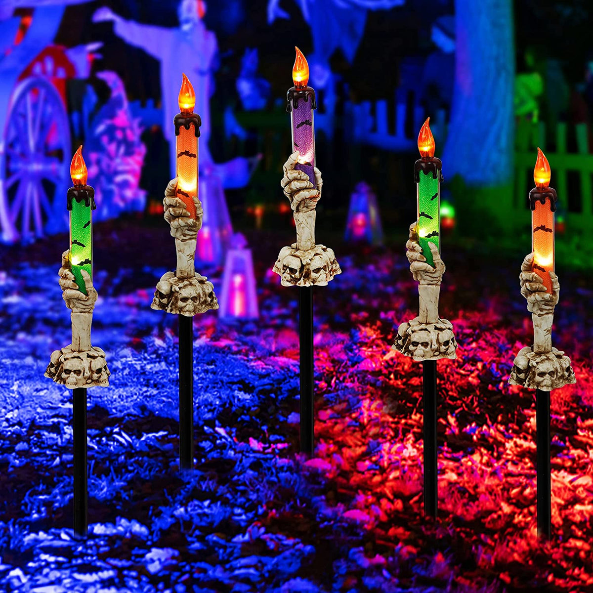 Halloween Decorations 5 Pack Skeleton Hands Hold Lighted Candle Stakes Light Up for Halloween Indoor/Outdoor Garden Decor