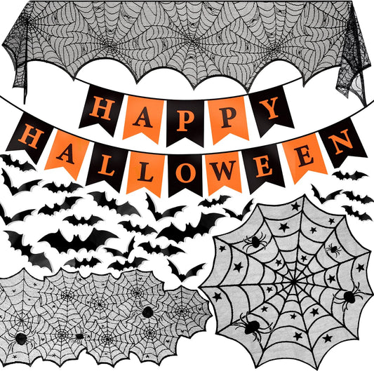 Halloween Decorations Indoor Set, Halloween Decor Bundle for Home, Party, Kitchen Spider Web Table Runners & Halloween Banner & Mantel Scarf & 36 PCS 3D Bat Sticker