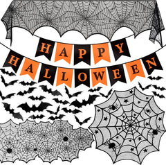 Halloween Decorations Indoor Set, Halloween Decor Bundle for Home, Party, Kitchen Spider Web Table Runners & Halloween Banner & Mantel Scarf & 36 PCS 3D Bat Sticker