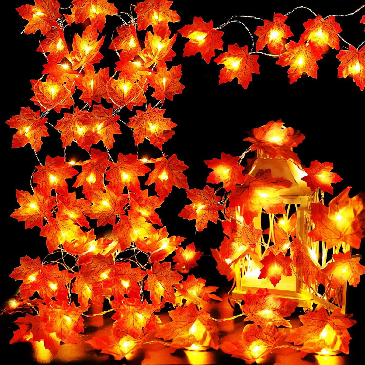 Thanksgiving Haning Decor Garland for Home｜Fall String Lights Maple Leaf Garland with Battery Operated Waterproof Harvest Halloween Thanksgiving Christmas Decoration Indoor Outdoor