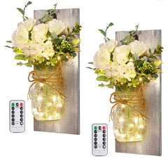 Mason Jar Sconces Handmade Wall Art Hanging ornaments Design, Remote Control LED  Decorations Wall Home Decor  Lights Set of Two