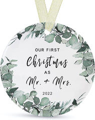 Our First Christmas Married Ornament 2022 As Mr and Mrs Newlywed Unique 1st Bridal Shower Wedding Gifts for Couple Bride and Groom