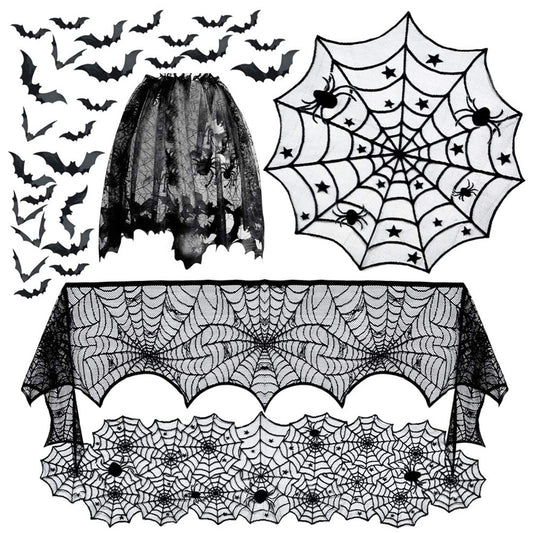 Halloween Decorations Indoor Set, Halloween Decor Bundle for Home, Party, Kitchen Spider Web Table Runners & Halloween Banner & Mantel Scarf & 36 PCS 3D Bat Sticker