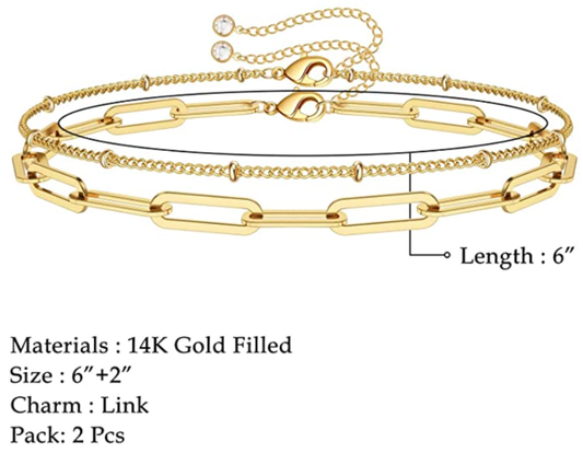 Bracelets for Women, 14K Gold Filled Adjustable Layered Bracelet Cute Evil Eye Oval Chain Beads Chain Three Layered Chain for Women Jewelry