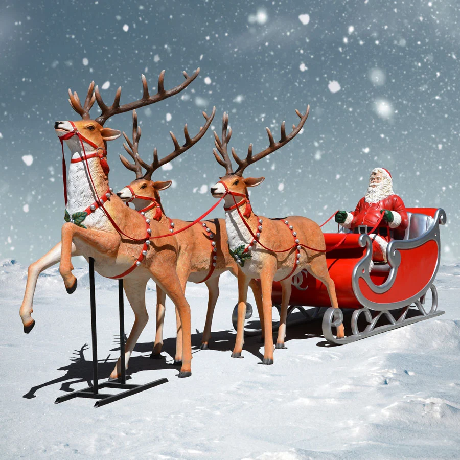 Deluxe Santa sleigh and three reindeer Christmas display with silver trim