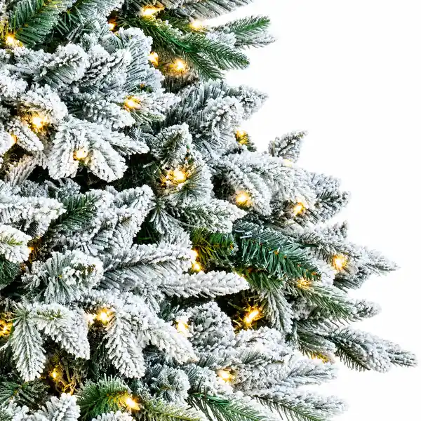 8 ft Olympia flocked artificial Christmas tree with 500 warm white LED lights