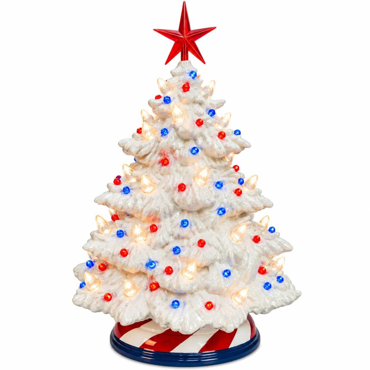 Patriotic ceramic Christmas tree in red white and blue Fraser Fir style