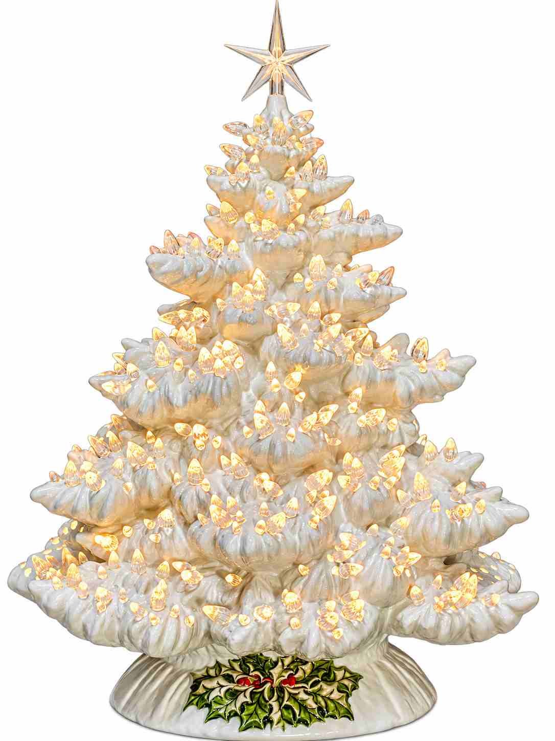 Handmade snow white ceramic Christmas tree with star in Fraser Fir style
