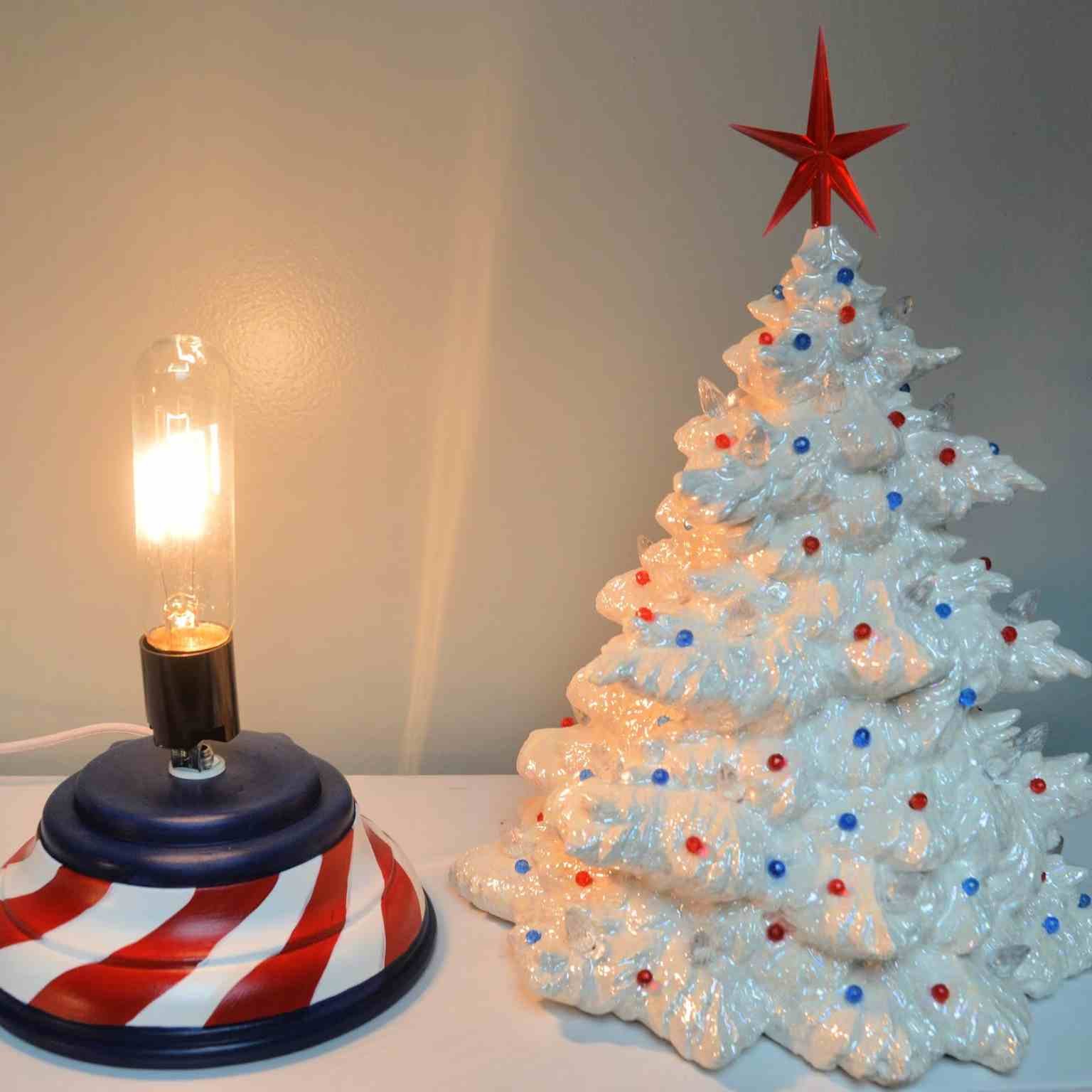 Patriotic ceramic Christmas tree in red white and blue Fraser Fir style