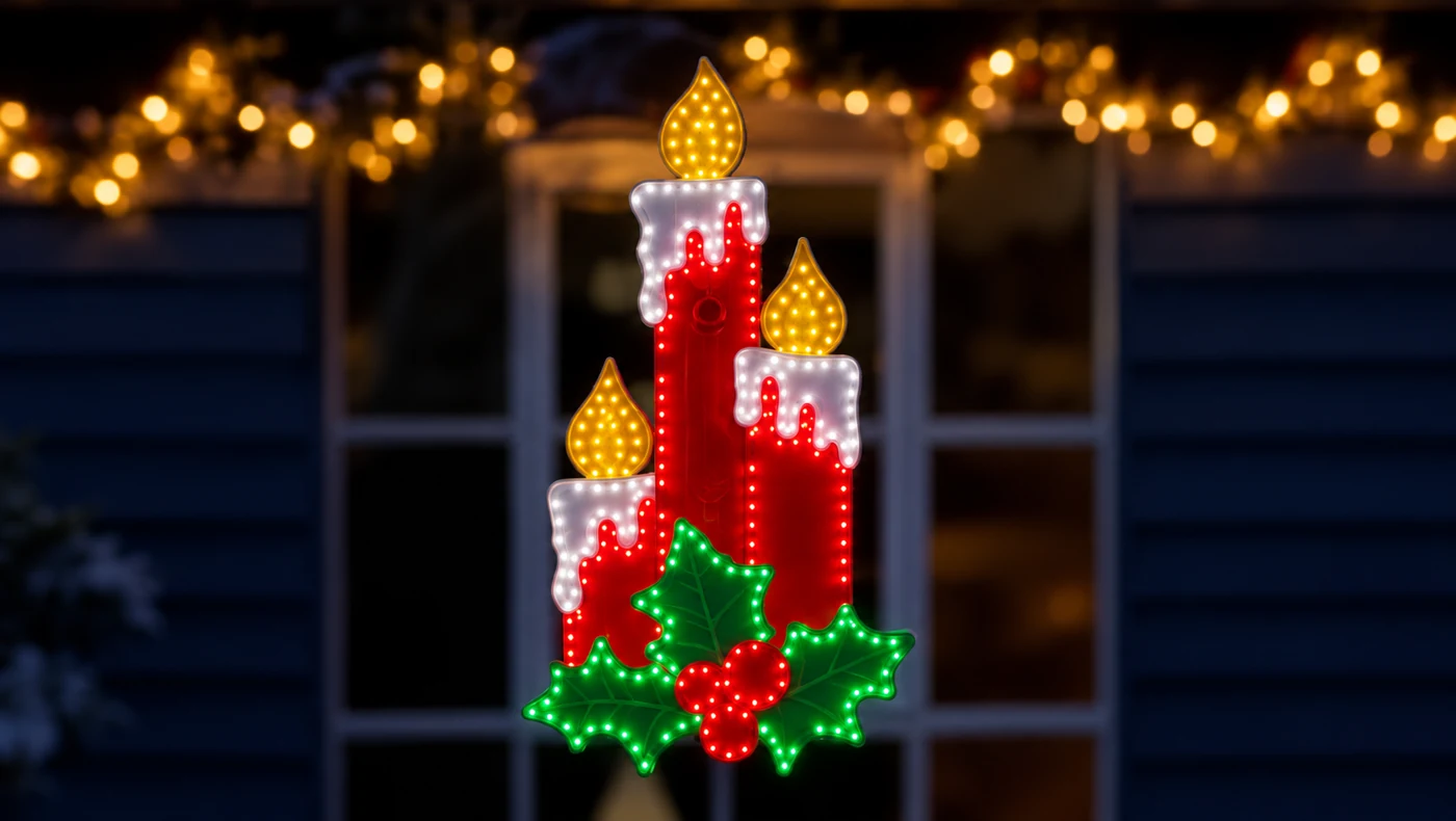 Christmas candle and holly-inspired LED light display with hi-vibrant festive illumination.