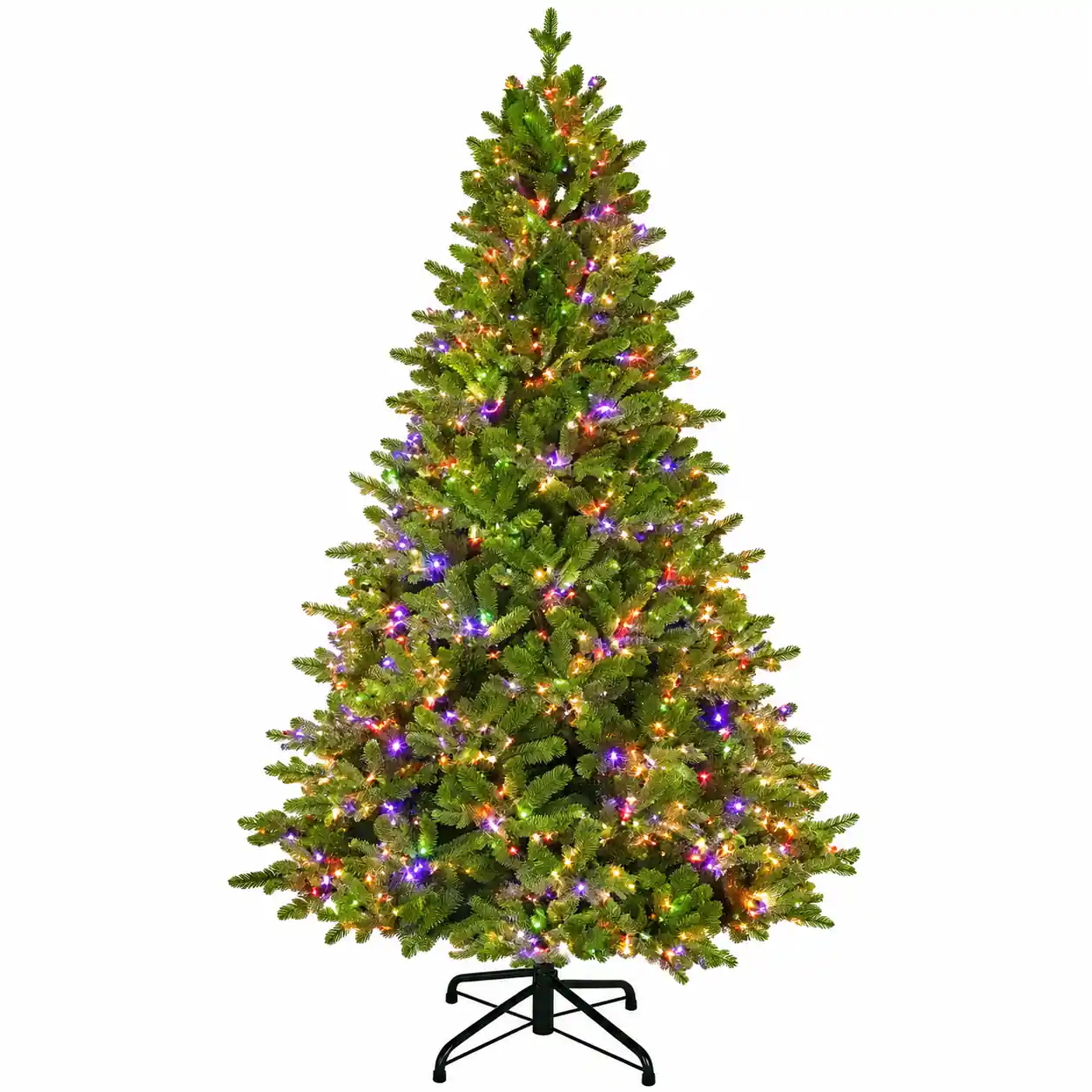Artificial Christmas tree with realistic-looking Alberta Spruce-inspired evergreen styling.