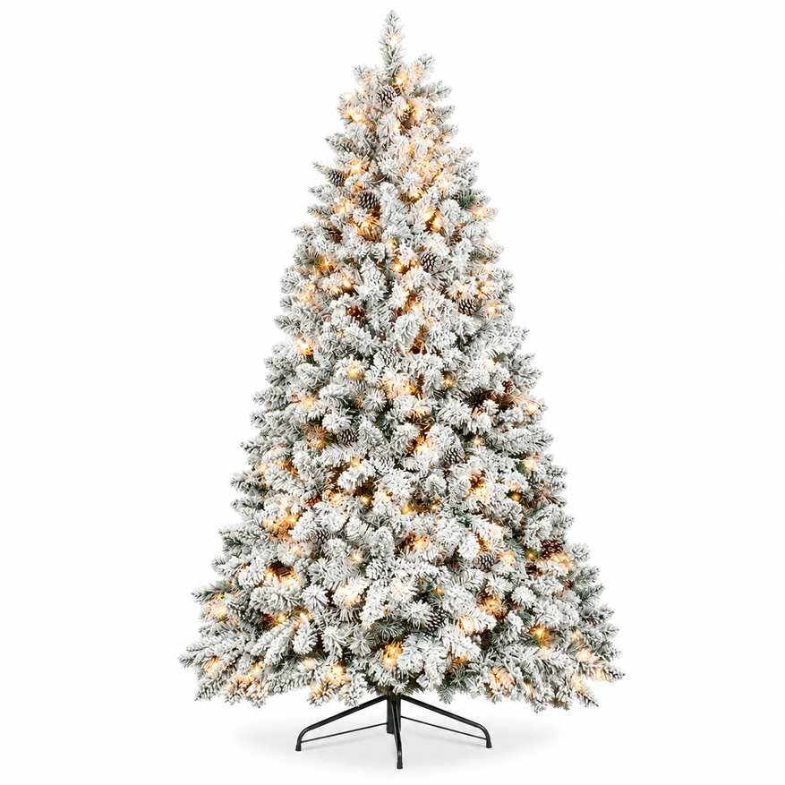 Pre-lit artificial flocked pine Christmas tree with warm white lights