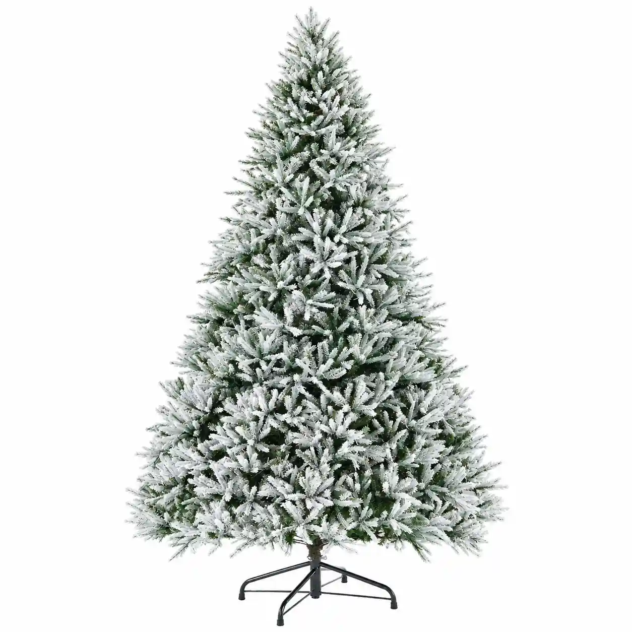 10ft Flocked Noble Fir Christmas Tree with full snow-covered branches and 4000 LED lights