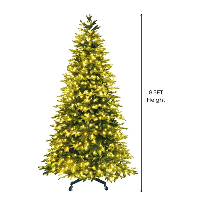 8.5 ft pre-lit Fraser Fir Christmas tree with 900 warm white LED lights